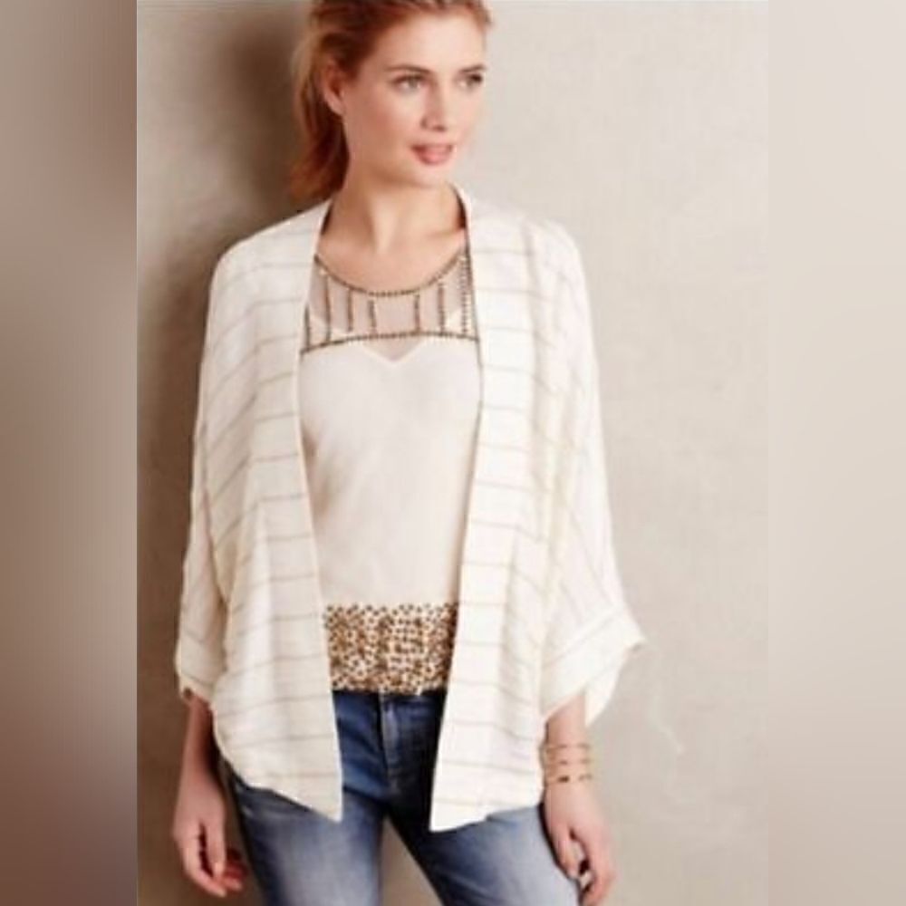 Dolan Womens Cream Business Casual Striped Open Front Dolman Sleeve Cardigan M/L